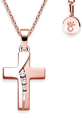 Kreuz Kette Kommunion Mädchen Rosegold (Silber 925 vergoldet) | Kreuzkette Anhänger Halskette Kinder Schmuck Goldkette Taufkette | Geschenke zur Taufe Erstkommunion Konfirmation Firmung mit Gravur