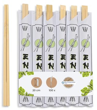 BIOZOYG Bambus Essstäbchen 20 cm einzeln verpackt Naturprodukt biologisch abbaubar hygienisch verpackt in Papierhülle I Holzstäbchen Asia I Sushistäbchen Set Chopsticks Wood 100 Stück
