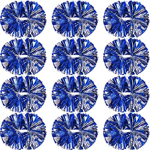 Hoteam 12 Pack Cheerleading Pom Poms Cheer Pompoms with Baton Handle Metallic Foil Pompoms for Adult for Team Sports Party Dance Cheering Squad Accessories, 14 Inch (Blue and Silver)