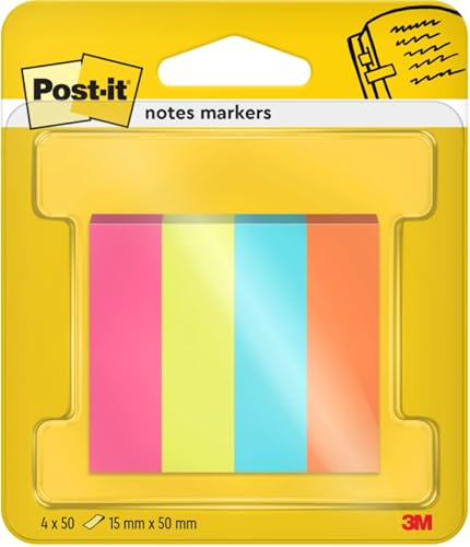 Post-it Notes Marker, 4 Blöcke (200 Blatt), 15 mm x 50 mm, Sortierte Farben | Zum Markieren, Hervorheben und Farbcodieren Wichtiger Informationen; Haftet Sicher, Repositionierbar und Beschreibbar