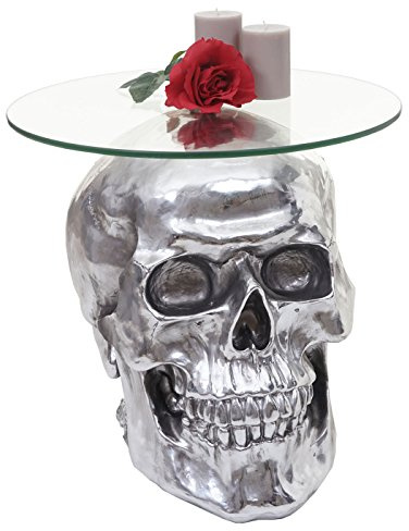 Mendler Beistelltisch Totenkopf HWC-A19AM, Silber 52x55x55cm | Polyresin, Glastisch, Wohnzimmertisch