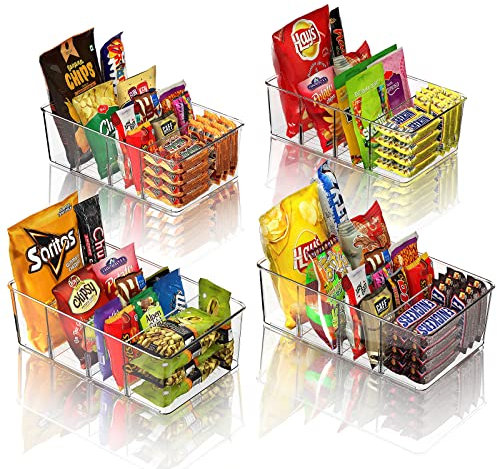 Finew Fridge Organiser Divided, 4 Pack Snack Storage, Plastic Food Organiser Bins with Removable Divider, Clear Practical Drawer Organization Container for Kitchen Cupboard Refrigerator - BPA-free