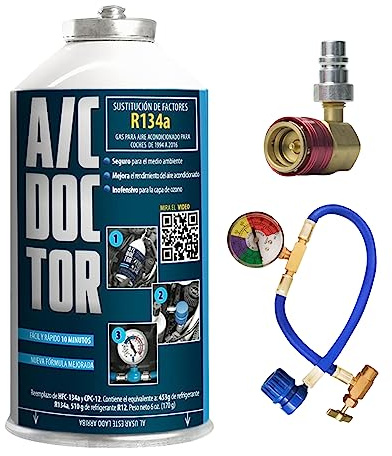 AC DOCTOR Kit Gas Refrigerante Orgánico Ecológico sustituto del R134a para recarga aire acondicionado de coche de 1995-2016 y manguera con manómetro y adaptador HP LP Alta/Baja Presión