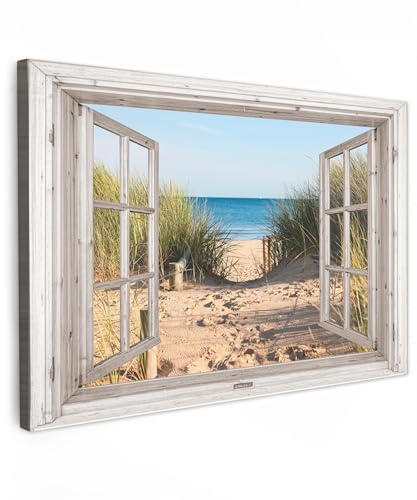 MuchoWow© Bilder Groß XXL Wohnzimmer Deko Modern Wandbild Foto auf Leinwand | 120x80 cm - Bild Schlafzimmer Room Decor Geschenke Fensterblick - Strand - Meer - Dünen - Sand - Wasser - Dünengras