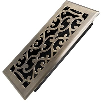 Howeall 4x10 Inches Heavy Duty Walkable Floor Register - Easy Adjust Air Supply Lever Decorative Floor Vent Covers - Savannah Design Vent Covers for Home - Antique Brass