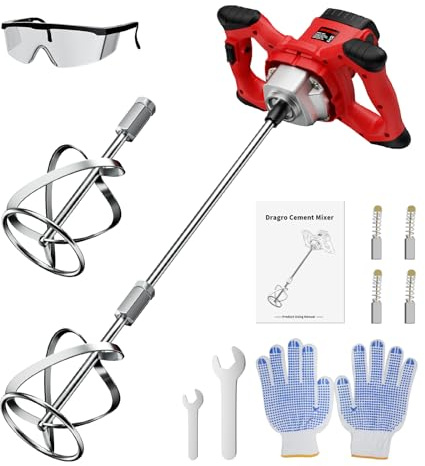 Dragro Electric Cement Mixer, 2100W Handheld Concrete Mixer with 6 Speed，Portable Mortar Mixers for Mixing Mud, Mortar, Plaster,Cement, Paint, Fodder，2 Pieces Mixing Heads