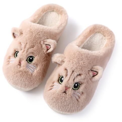 Puimentiua Mignon Chat Pantoufle Femme, Hiver Dessin Animé Chaussons Pantoufles Chat Femme Confortable AntidéRapant Chaussons Homme Fourrure Mules Pantoufles, Brun, 36-37