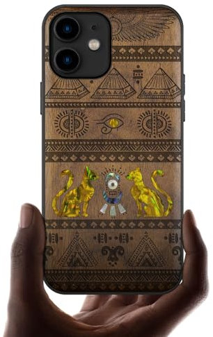 Carveit Étui pour iPhone 11 Coque [Gravure en Bois et Incrustation de Coquille] Cover Compatible avec Apple 11 Luxe et Case Etui Bois (Noyer-Les Symboles de l'Égypte)