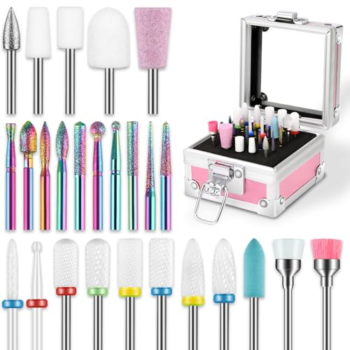 26 Teiliges Nagelfräser Aufsätze Bits mit Halterung, 3/32 Zoll Keramik bits für Gelnägel, Diamant Nagelhaut Feile Entferner Bits, Nagelbohrer Bits für Acryl Nagel Maniküre und Pediküre, Zuhause&Salon