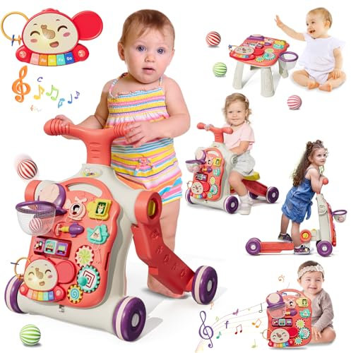 HYES 5 in 1 Lauflernwagen, Baby Spiel und Lauflernhilfe mit Musik und Abnehmbarem Spielboard, Laufwagen Baby Walker Spielzeug, Für Kinder von 3-30+ Monaten, Rot
