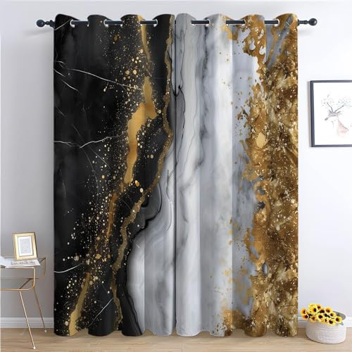XCQHZYQ Vorhang Blickdicht 2er Set Marmor-Gold-Muster Verdunkelungsvorhänge mit Ösen Gardine Sonnenschutz Thermogardine, Fenstervorhang für Wohnzimmer, H 229 x B 168 cm
