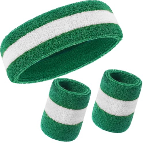 WILLBOND 3 Pcs Sweatbands Set 80s 90s Neon Sports Headband Tennis Striped Sweat Band Sports Competitions Games for Men Women Party Supplies(Green, White and Green,Striped Style)