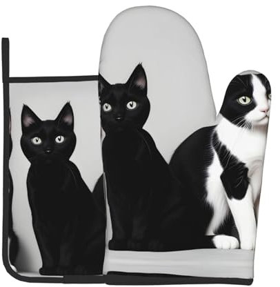 YYHWHJDE Set di 2 guanti da forno e presine con immagine di gatti neri e bianchi, utilizzati per aprire i coperchi delle pentole in cucina e per trasportare piatti dal forno a microonde