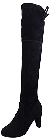 Bottes hautes pour femme avec talon bloc - Bottes hautes en daim - Bottes d'hiver longues - Bottes à enfiler élégantes et sexy - Bottes à talons hauts - Bottes à tige large - Bottes Stilettos,
