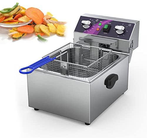 Deep Fryer Tank 10 Litre 20 Litre, Electric Deep Fryer with Basket Stainless Steel Oil Fryer, Stainless Steel Countertop Tank Deep Fryer W/Fryer Basket, for Home Kitchen Restaurants (Color : Single)