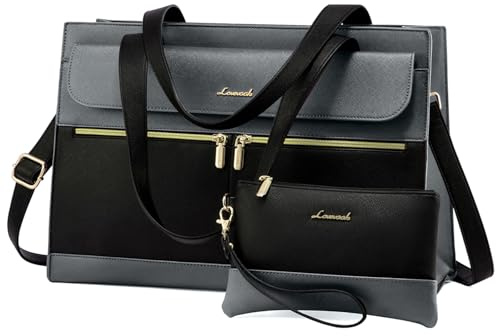 LOVEVOOK Laptop Handtasche Damen Groß, 15,6 Zoll Laptoptasche Elegant Shopper Tasche Damen, PU Leder Aktentasche Crossbody Handbag, Wasserdicht Arbeitstasche Lehrertasche für Büro Uni Schule, Grau