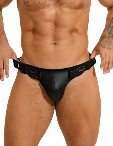 ohyeahlady String Ficelle Cuir Homme Sexy Erotique String Tanga Homme Sexy Hot Ouverte Jockstrap Gay Hot Cuir Dentelle Slip Chic Sissy Ligerie Grande Taille sous Vetement XXL,Noir