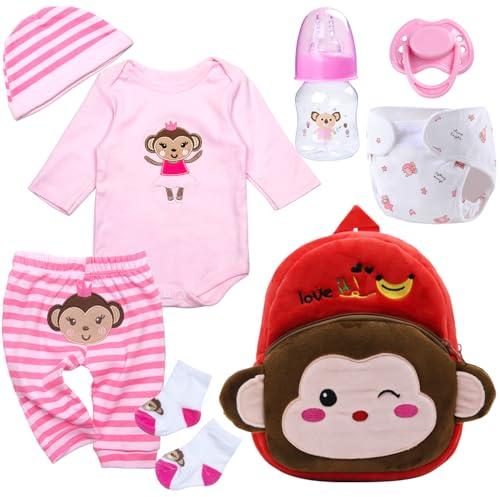 8 Pcs Reborn Baby Doll Clothes with Cute Monkey Backpack for 17-22 Inch Babydolls, Baby Doll Accessories and Clothes Outfit fit Newborn Girl