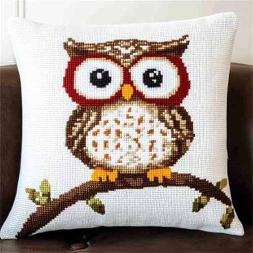 kitphoenix Kreuzstichkissen,Baumwolle,Stickset Anfänger Eule Bastelsets für Erwachsene,Stickkissen,Anfänger,Handstickerei-DIY 45 x 45 cm