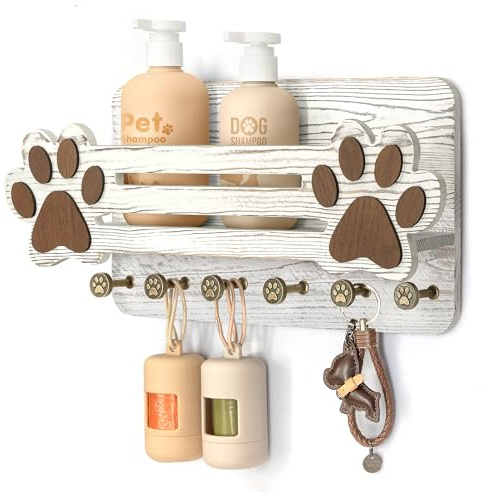 Wandhalterung für Hundeleinen aus Holz: Hunde-Organizer mit 6 Schlüsselhaken und Schlüssel- und Briefhalter für die Wand – Hundezubehör-Organizer für rustikale Heimdekoration (weiß)