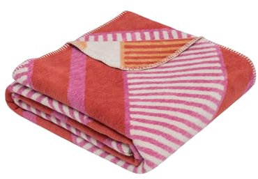 Ibena Decke 150x200 cm - Baumwollmix, weich, warm & waschbar, Kuscheldecke pink orange mit Muster