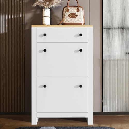 Blisswood Shoe Cabinet with 2 Flip Drawers & 1 Open Storage Drawer, Wooden Shoe Storage Organiser Cupboard Unit, Freestanding Modern Shoes Rack for Entryway Footwear Stand, Hallway Furniture (White)
