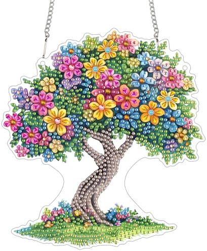 Reofrey Diamond Painting Doppelseitig Anhänger Acrylbrett mit Kette - 20x20cm Blumen Baum Diamant Painting Fensterbilder Deko Set DIY Kristall Malerei Anhänger für Wand Fenster & Garten Schmücken