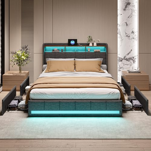 QMTXBYJ Dubbelsäng, 140 x 200 cm, sängram med 4 lådor och ribbotten, klädd säng, LED-sänggavel med förvaringsfack och 2 USB-uttag, för vuxna och tonåringar
