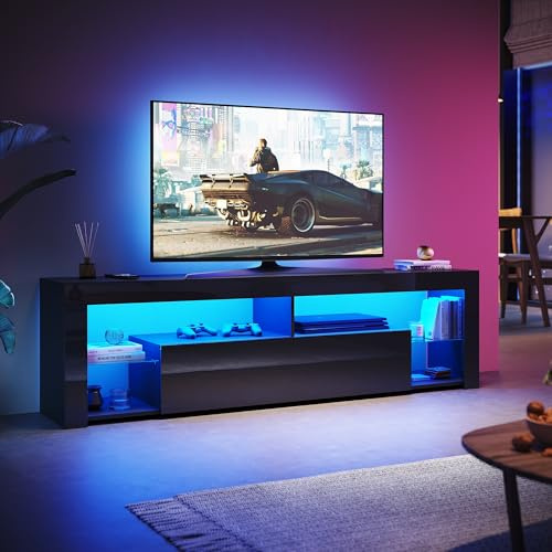 SUNXURY LED TV Lowboard Schwarz, TV Schrank 180cm mit 16 Led Farben Beleuchtung TV Board mit Glasböden Hochglanz 180 x 35 x 50,5 cm