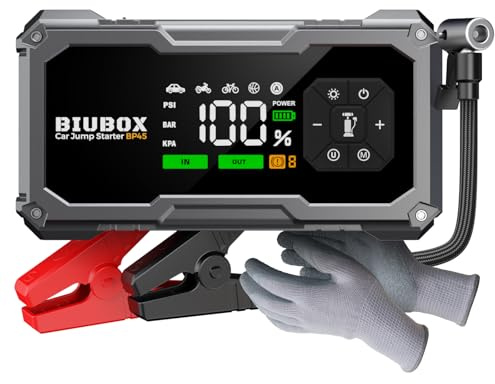 Car Jump Starter Power Pack with Air Compressor, BiuBox 5000A 150PSI Portable Car Battery Booster Jump Starter Power Bank with Jump Leads, LED Display, 10 Protections, 500lm Light (All Gas/9L Diesel)