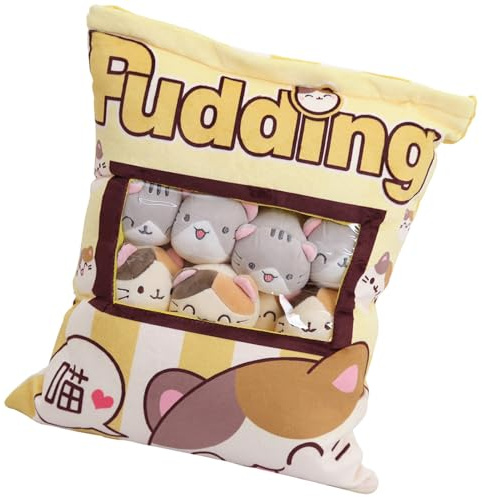Qiwieod Chat Peluche Oreiller, Oreiller Collation Pudding, Collation en Peluche Pudding Chat Doux, Jouet en Peluchs pour Animaux avec 8 Puppets en Peluchs Amovibles pour Filles Et Kids