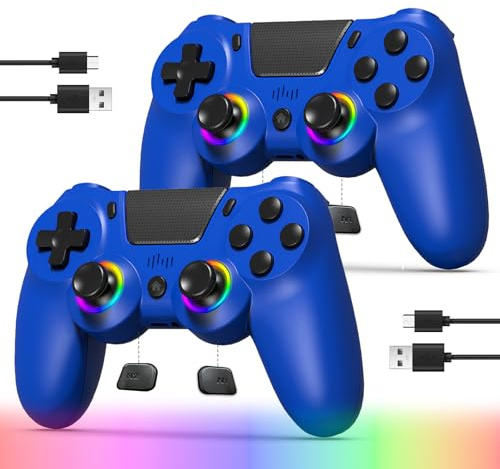 TJPD 2 Pack for PS4 Controller, Wireless Controller for PS4/Pro/Slim/PC, with 2 Rear Button and 2 USB-C Cable (Black&Blue)