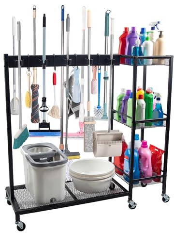 Besenhalterung und Gerätehalter, Wischmopp-Halter mit Putzmittel Organizer Rädern Besenhalter mit Haken und Mopphalter Reinigungswagen Haushaltswagen für Waschküche und Putzschrank 33.5*11.8*33.5in
