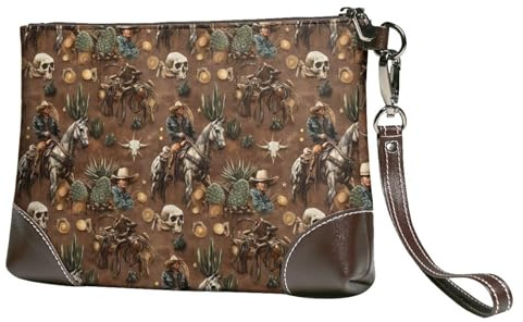 Novastar Small Clutch Purses for Women - Western Cowboy Cactus Print Leather Fashion Wristlet Wallets with Wrist Strap