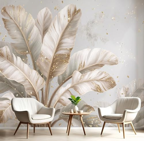 GSAEIMCT Papier Peint 3D Or Cendré Feuilles De Bananier 200X140Cm Poster Geant Mural Panoramique Peinture Murale Interieur Plantes Rétro Pour Salon Chambre À Coucher D'Enfant Maison Décoration