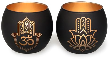 Teelichthalter Hamsa Hand Lotus Windlicht Glas Diwali Deko Schwarz Gold | 2er Set Teelichtgläser aus Glas, Elegante Kerzenhalter Diwali Deko für Yoga, Meditation und Spa in Schwarz Gold