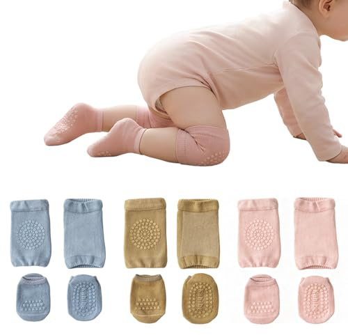 Katyjun Knieschoner Baby Krabbeln Set, 3 Paar Knieschützer & 3 Paar Anti-Rutsch Krabbelsocken, Atmungsaktiv mit Gummipunkten für Kleinkinder 0-12 Monate