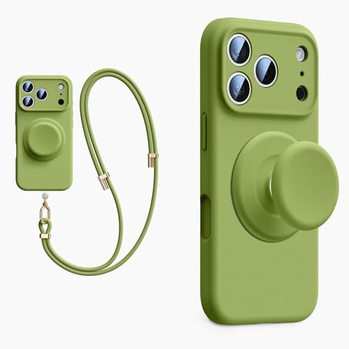 XZC Funda de silicona líquida para iPhone 17 Pro Max, con soporte emergente, cordón cruzado, compatible con MagSafe, protección completa de la cámara, (verde, iPhone 17 Pro Max)