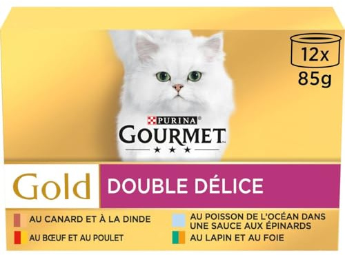 GOURMET | Gold | Double Délice | Chat Adulte | Filettines en Sauce | Bœuf et Poulet, Lapin et Foie, Poisson de l'Océan Sauce aux Epinards, Canard et Dinde | Boîtes | Lot de 8 (12 x 85 g)