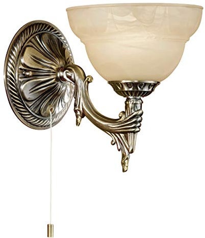 EGLO Wandlampe Marbella, 1 flammige Wandleuchte Vintage, Rustikal, Wandleuchte innen, Metallguss, Alabaster-Glas, Wohnzimmerlampe, Flurlampe Brüniert, Champagner, Lampe mit Zug-Schalter, E14 Fassung