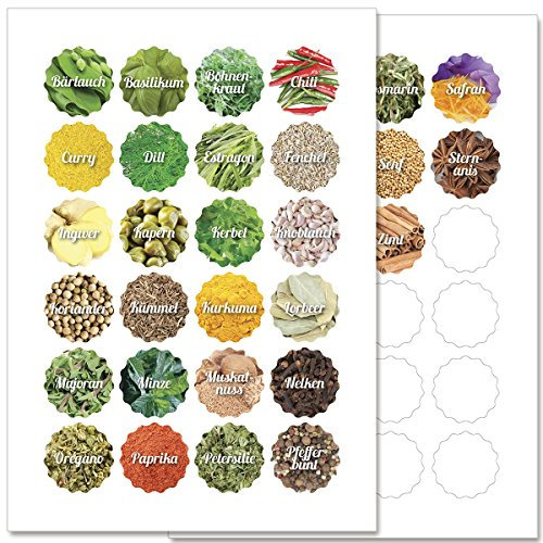 WANDKINGS Gewürzetiketten Ø 4 cm - 48 Stück blumenförmige Gewürzaufkleber - Etiketten/Sticker/Aufkleber für Gewürze selbstklebend auf 2 DIN A4 Bögen - Schrift 1