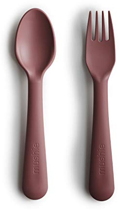 Mushie Besteckset mit Gabel & Löffel für Kinder | Wiederverwendbar Besteckset | Hergestellt in Dänemark | BPA-Frei | Sichere, Hochwertige & Langlebige Erstausstattung (Woodchuck)