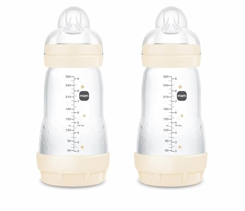 MAM Pack 2 Biberones Anticólicos, 2-4 Meses, 260ml, con Tetina 2 Flujo Medio de Silicona de Fácil Aceptación, Autoesterilizable y Fácil de Limpiar, MAM Easy Start Anti-Colic, Neutro Brillante, 2uds