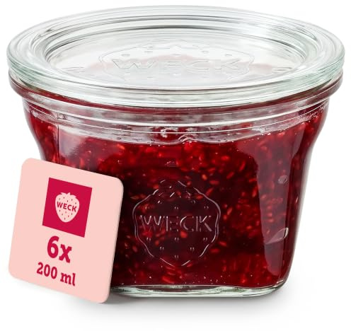 Weck Gläser 200ml – 6er Set mit Deckeln – Quadroform – robuste, stapelbare Dessertgläser, Einkoch- & Einmachgläser – klein – Weckglas ideal für Nachtisch – Made in Germany