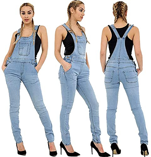Women Ladies Denim Dungarees Long Length Pinafore Dungaree Jumpsuit UK Size 8-10-12-14-16 (14, Light Wash, numeric_14)