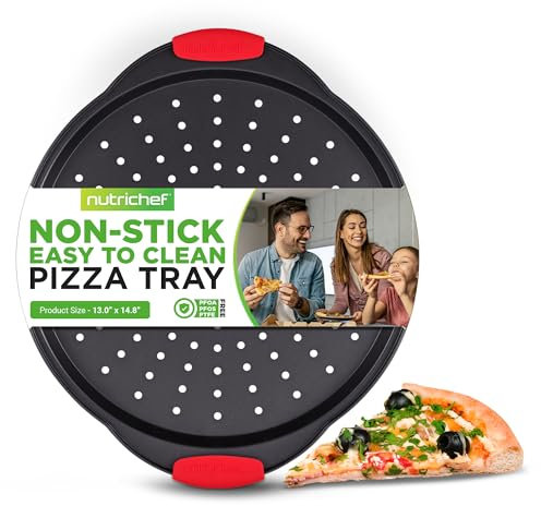 NutriChef Bandeja pizza horno, Mango de silicona, Sartén redonda antiadherente, Acero con agujeros perforados