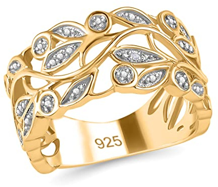 SHOP LC leaf design ring for women in 925 sterling silver, rose gold-plated with a small diamond – ideal gift for engagement, anniversary or special occasions