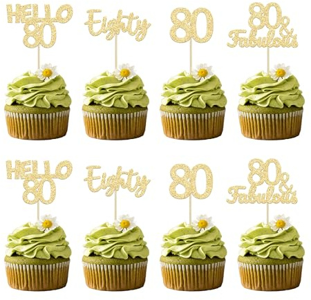 Gyufise 24Pcs 80th Birthday Cupcake Toppers Gold Glitter Hello 80 Cake Topper Eighty 80 & Fabulous Cupcake Picks 80th Birthday Cake Decorations Supplies