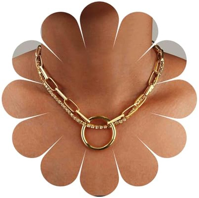 Aneneiceera Punk Crystal Round Necklace Layered Gold Rhinestone Big Circle Pendant Necklace Chunky Paperclip Chain Rock Statement Crystal Necklace Jewelry for Women and Girls