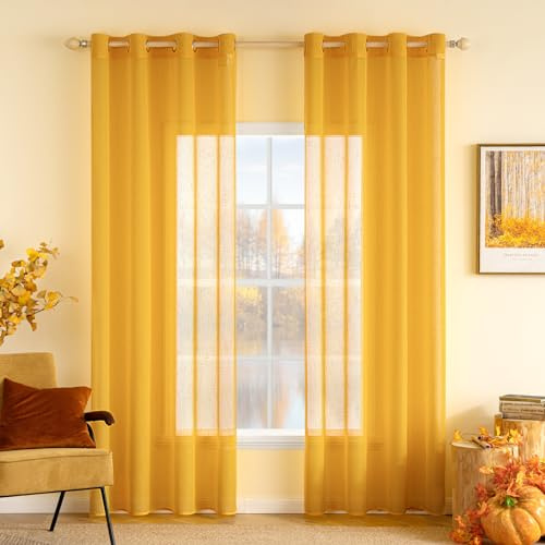 MIULEE Leinenoptik Voile Vorhänge Ösen 2er Leuchtendes Gelb 140x225cm | Transparente Voile Vorhänge mit Leinenoptik & Ösen, lichtdurchlässig, modern dekorativ für Wohnzimmer und Schlafzimmer